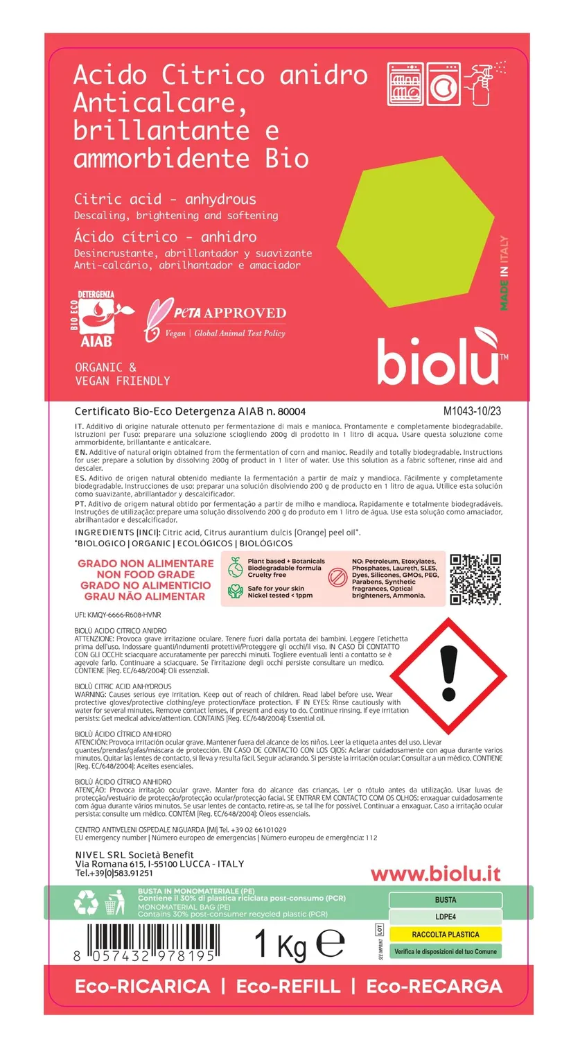 Biolù Acido Citrico Anidro 1kg Bio Anticalcare Arancia