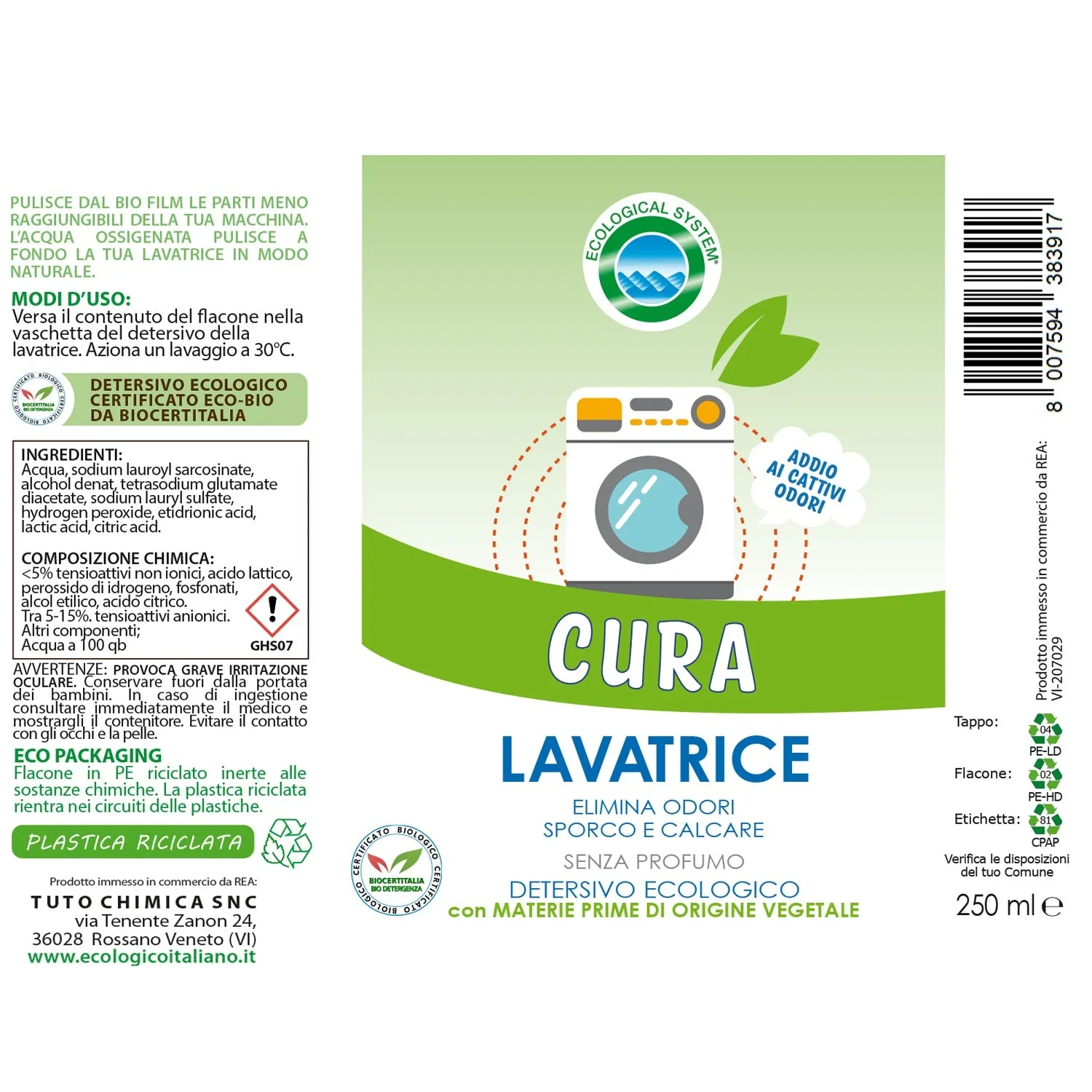 Tuto Chimica Ecological Cura Lavatrice 250 ml senza profumo