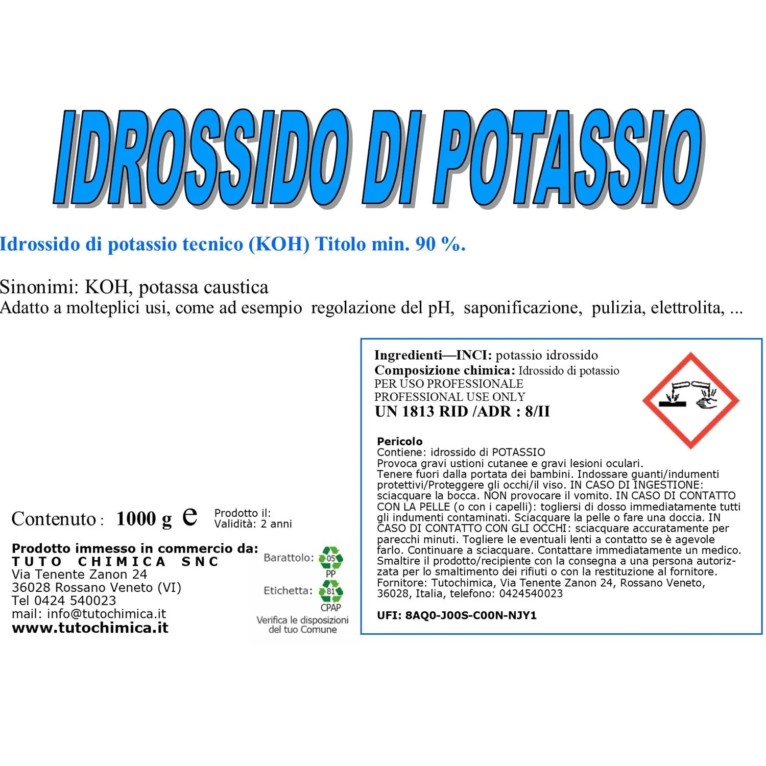 Tuto Chimica Idrossido di Potassio KOH 400 g puro tecnico