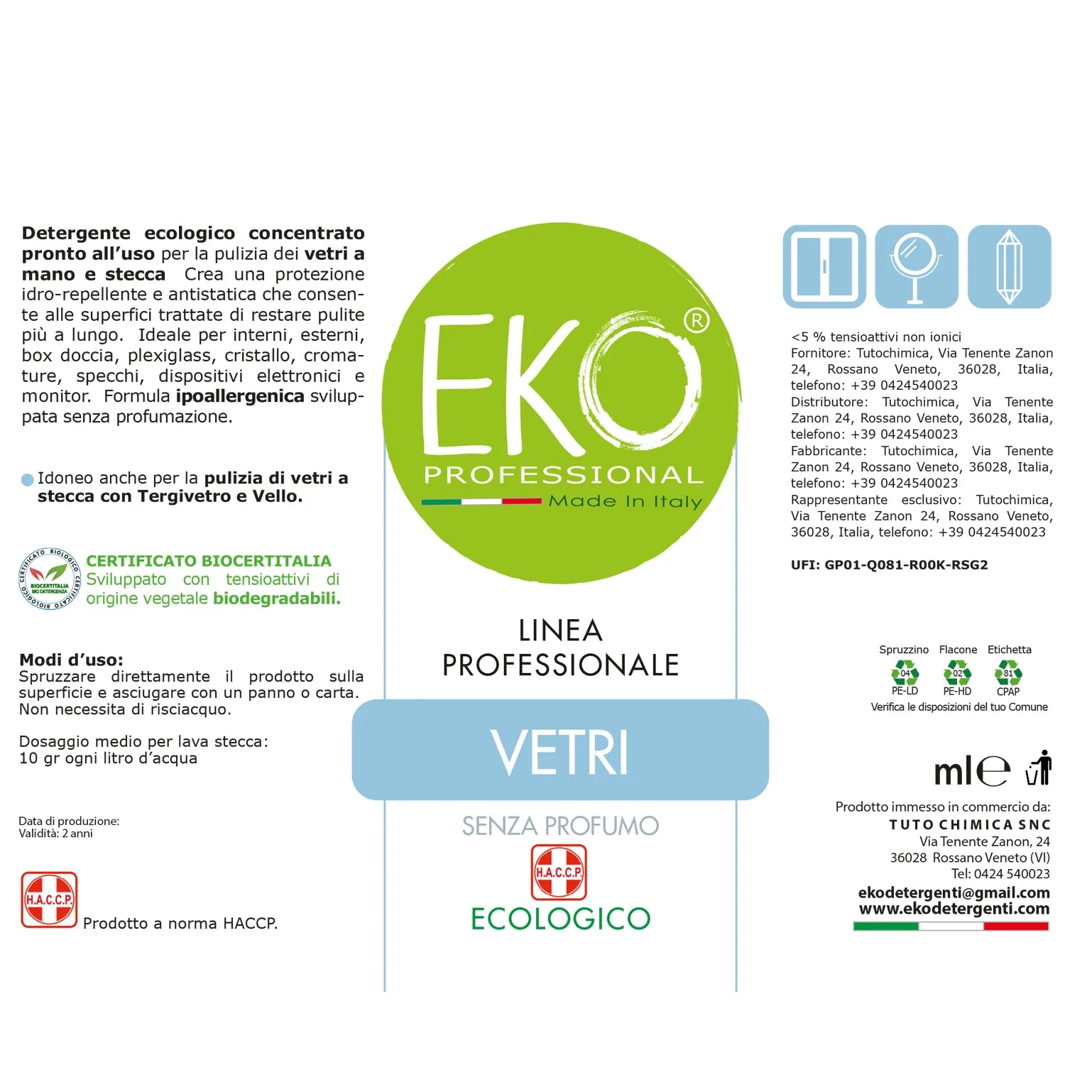 Tuto Chimica Eko Professional detergente vetri 500 ml ipoallergenico