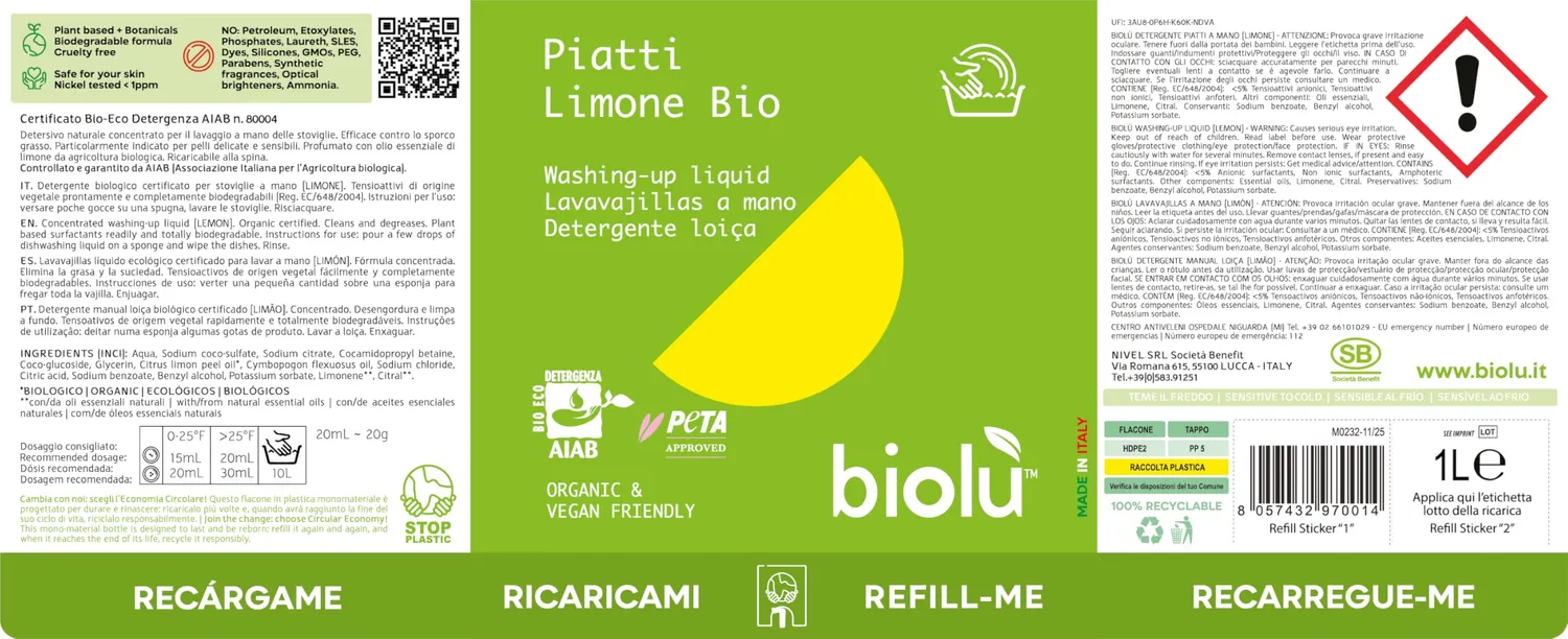 Biolù Piatti Detersivo Limone 1L Naturale Sgrassante