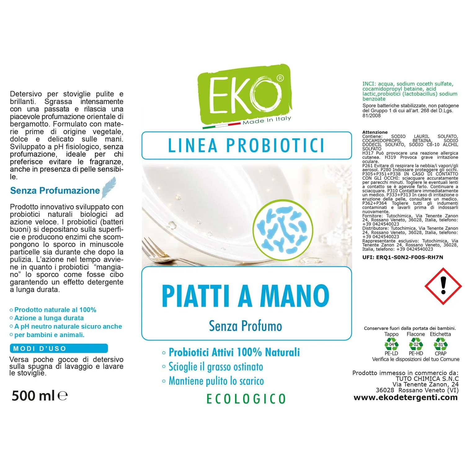 Tuto Chimica Eko detersivo piatti probiotico 500 ml senza profumazione