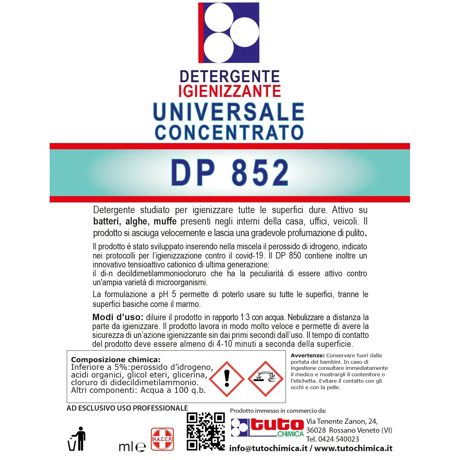 Tuto Chimica DP 852 detergente igienizzante 1 L perossido