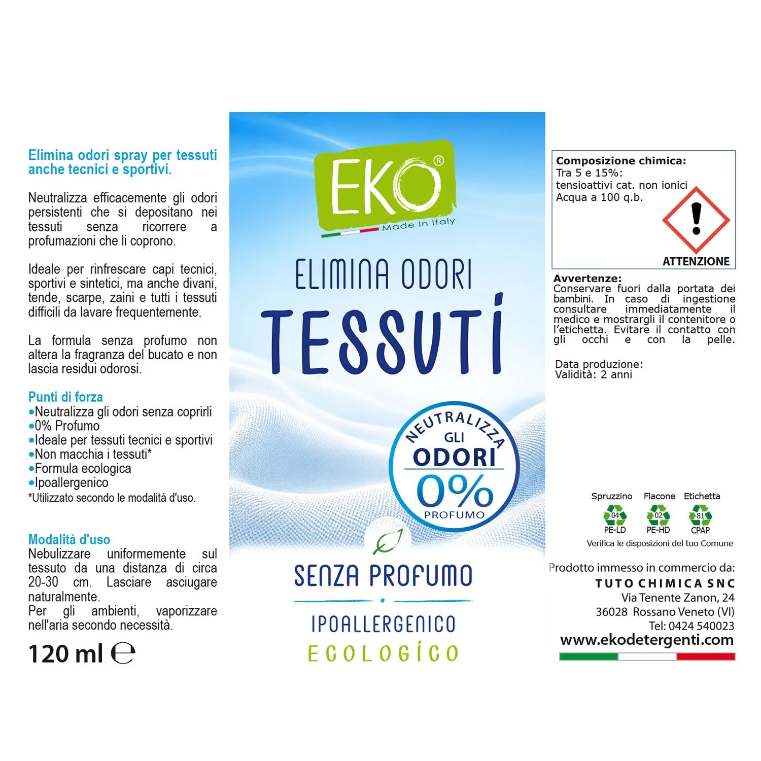 Tuto Chimica Eko Elimina Odori Tessuti spray 120ml senza profumo