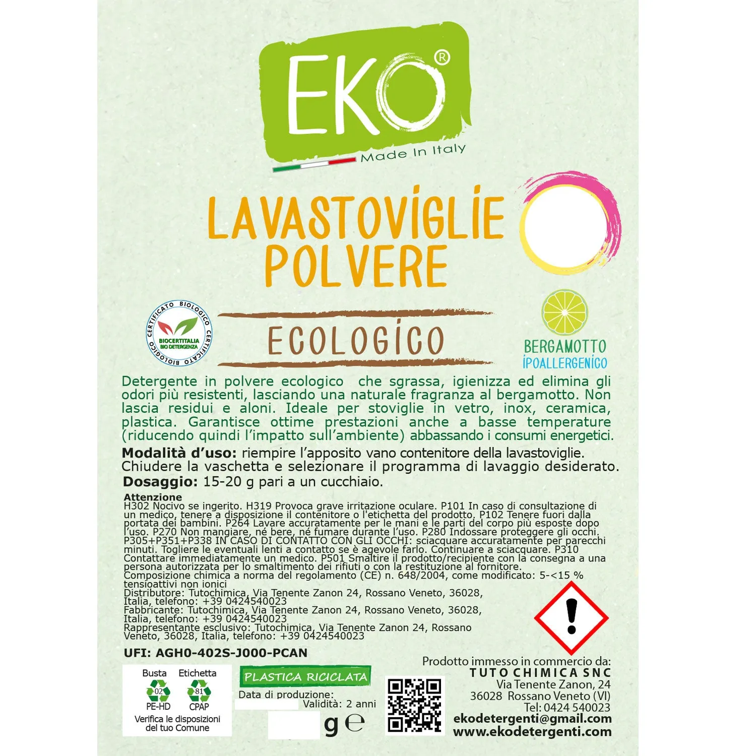 Tuto Chimica Eko detersivo lavastoviglie polvere 400g bergamotto