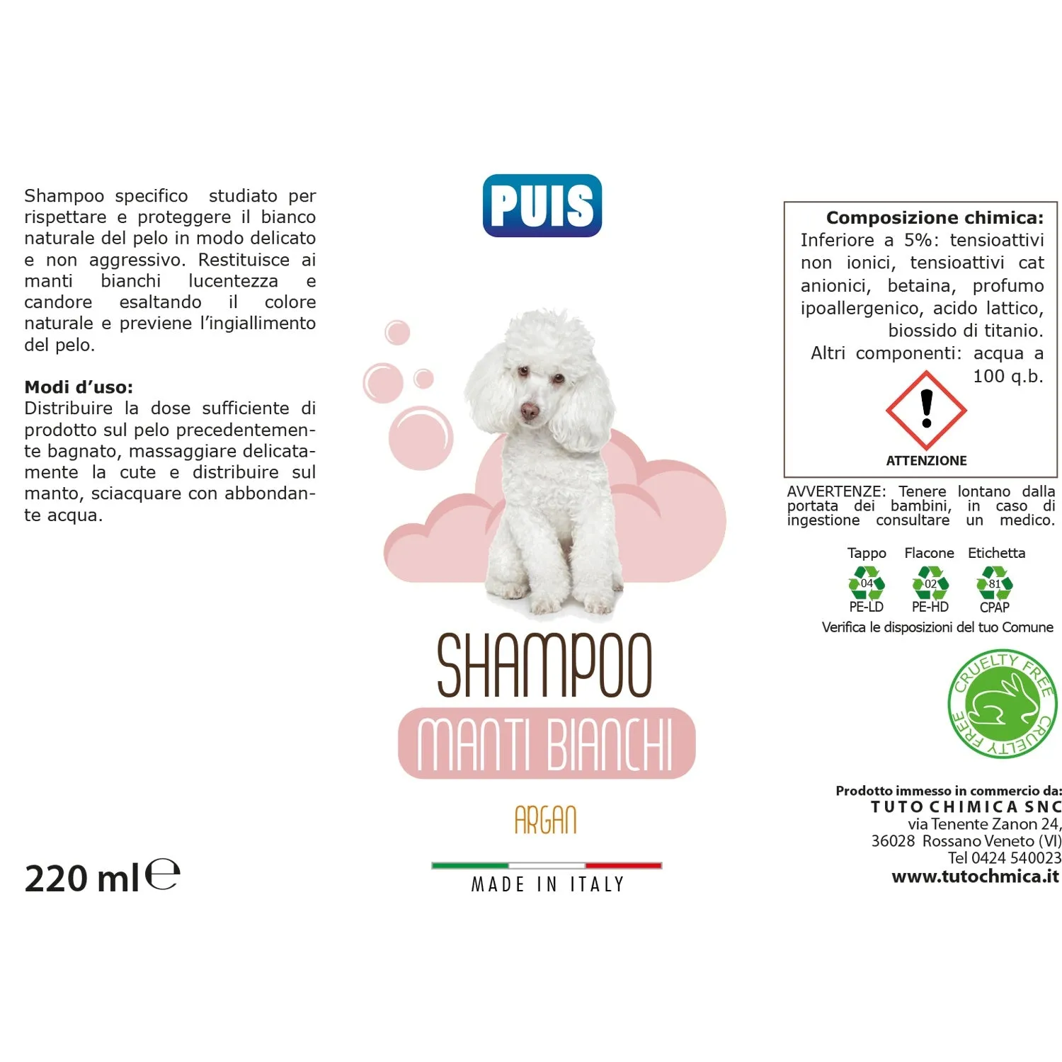 Puis Pelo Bianco shampoo cani 220 ml argan ipoallergenico