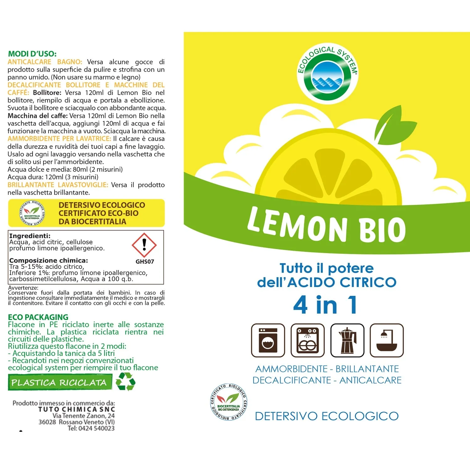 Tuto Chimica Lemon Bio kit anticalcare 500 ml + 450 g acido citrico