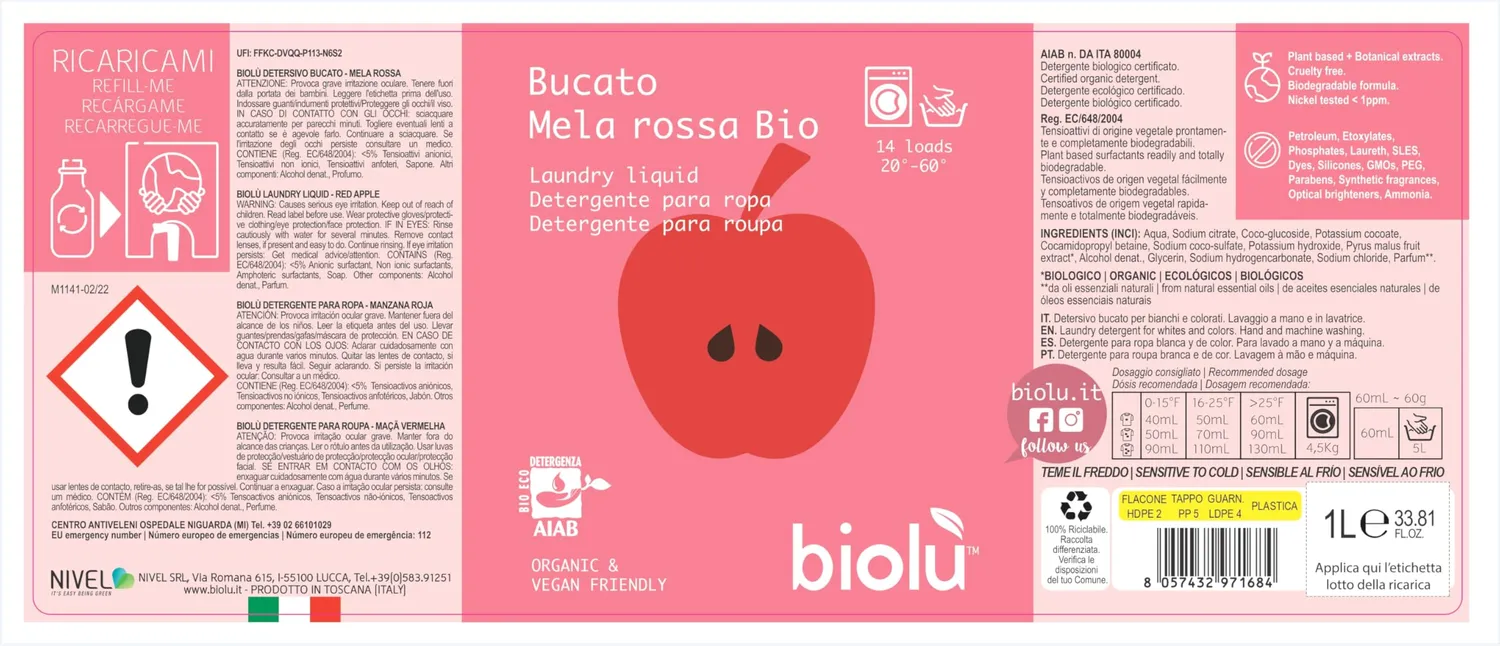 Biolù Mela Rossa Detersivo Bucato Naturale Vegan