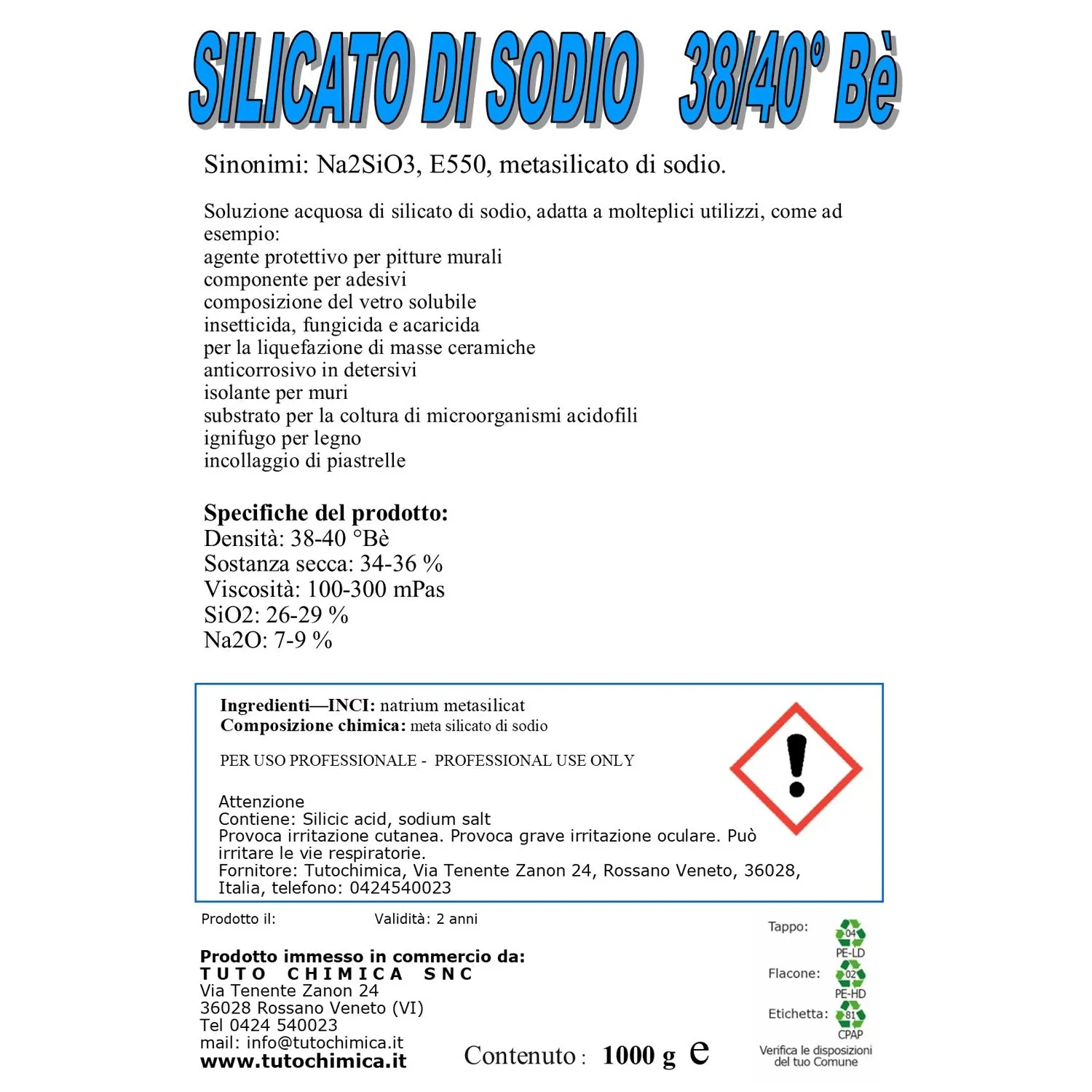 Tuto Chimica silicato di sodio liquido 1 kg alta concentrazione