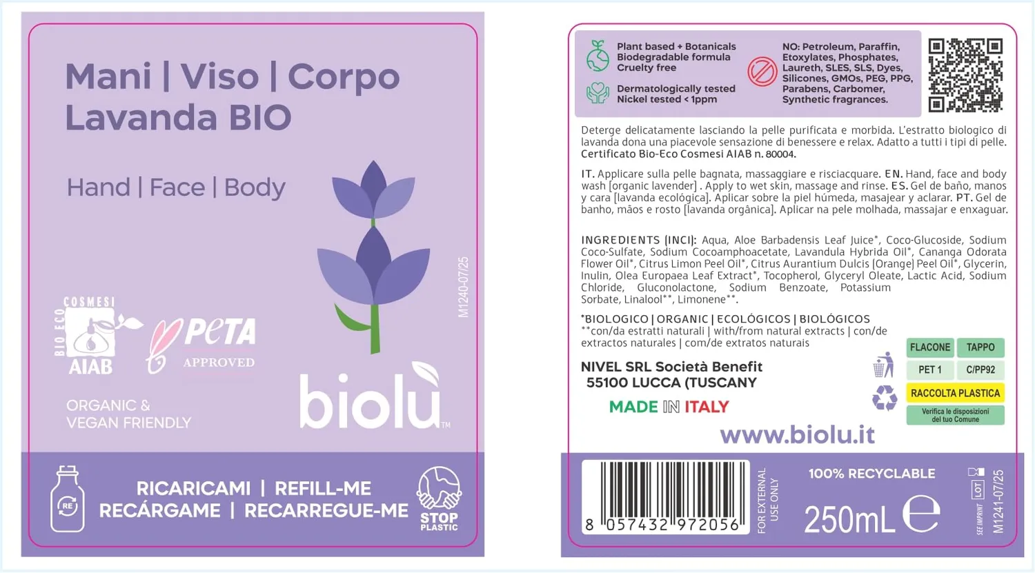 Biolù Mani Viso Corpo Detergente Lavanda 250ml Idratante
