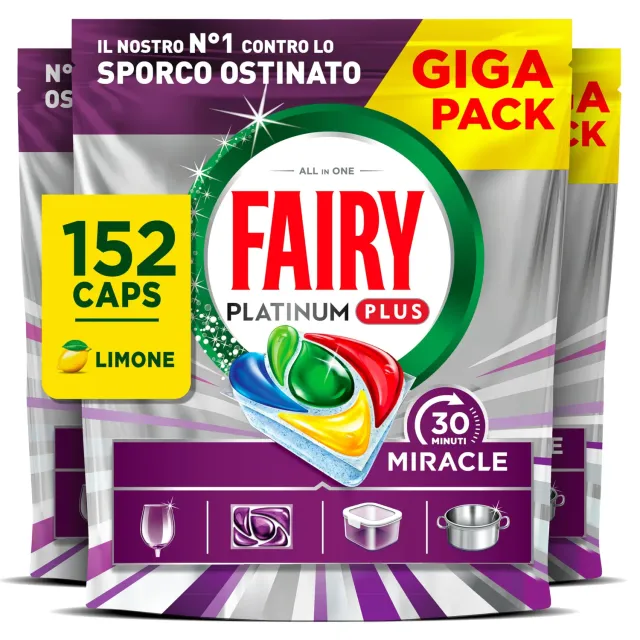 Fairy 30 Minuti Miracle Platinum Plus pastiglie lavastoviglie 152pz limone