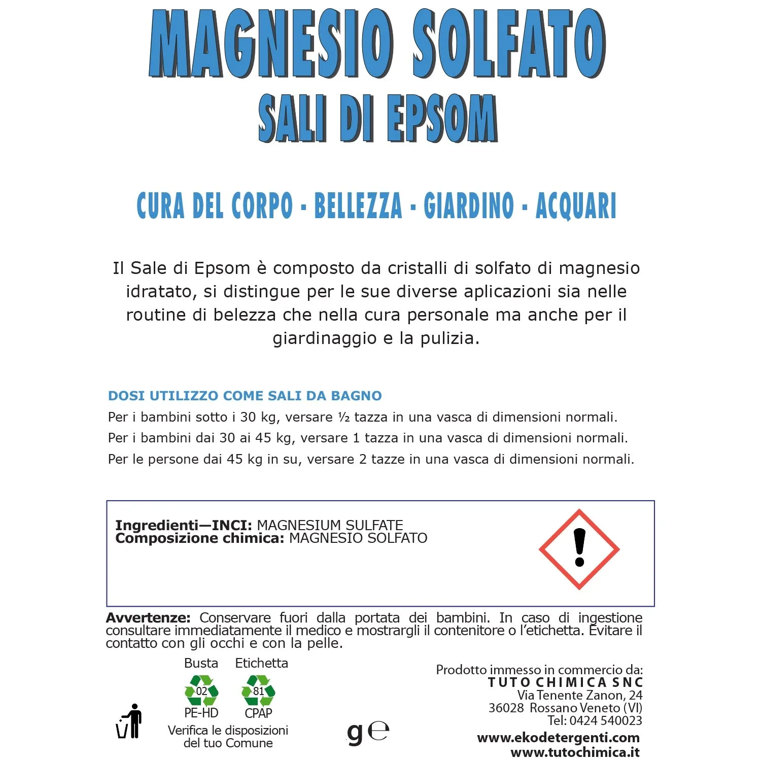 Tuto Chimica Sale Epsom magnesio solfato 1 kg puro